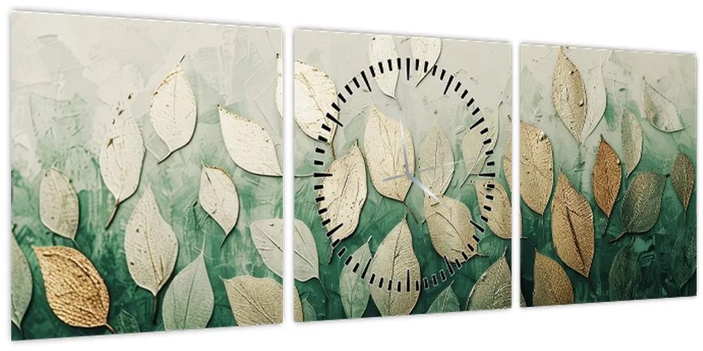 Obraz - Zlato-zelené listy (s hodinami) (90x30 cm)