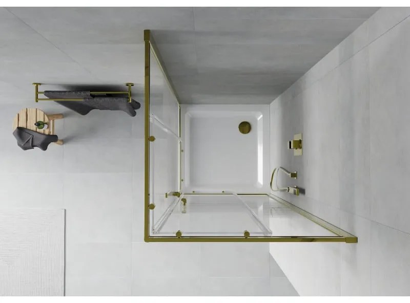 Mexen Rio, štvorcový sprchovací kút s posuvnými dverami 70(dvere) x 70(dvere) x 190 cm, 6mm číre sklo s pásikmi, zlatý profil + biela sprchová vanička SLIM, 860-070-070-50-20-4010G