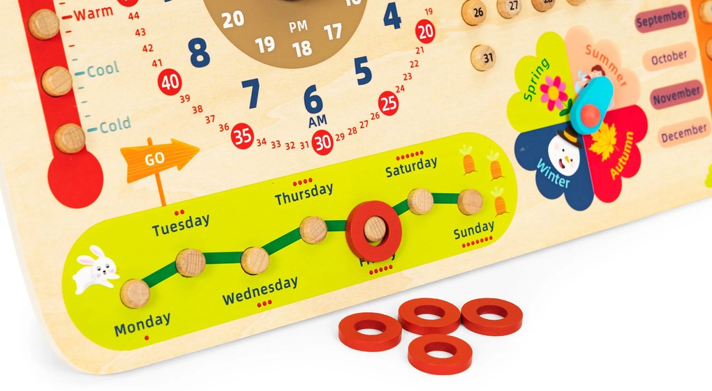 Drevená manipulačná doska pre deti, kalendár s hodinami, ECOTOYS
