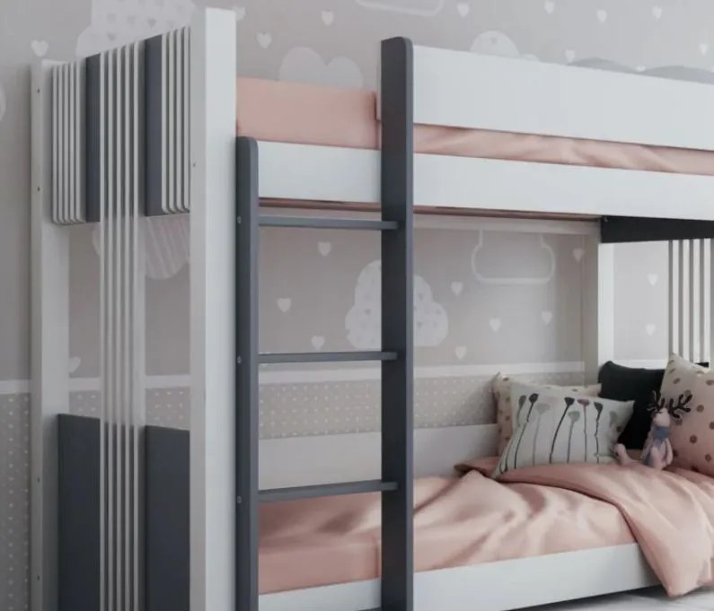 Detská poschodová posteľ z masívu borovice ARTEN III s prístelkou a šuplíky - 200x90 cm - biela/grafitová