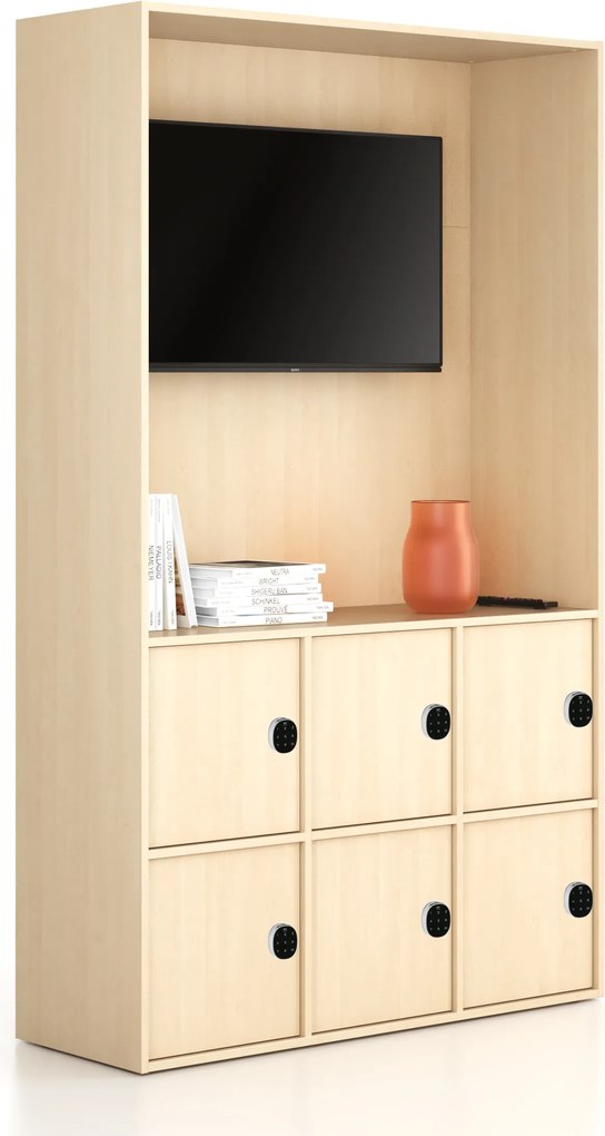 Kancelárska skriňa FRAME, 6x dvere, priestor pre TV, 1299 x 450 x 2162 mm, kódový zámok, breza
