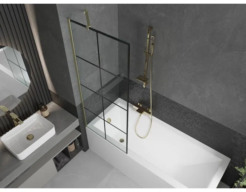 Mexen Next, 1-krídlová vaňová zástena 70 x 150 cm, 6mm číre sklo - čierny vzor, zlatá matná, 895-070-000-00-77-55