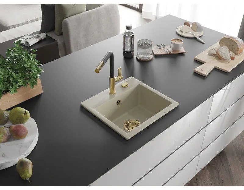 Mexen Milo, 1-komorový granitový drez 435x410x171 mm a drezová batéria Flora, béžová, 6505-69-670401-57-G