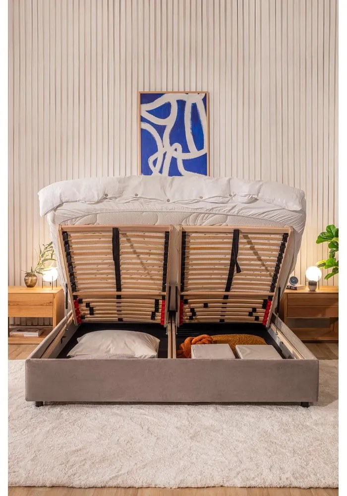 Béžová čalúnená dvojlôžková posteľ s úložným priestorom s matracom/s roštom 160x200 cm Myra Pillow – Bonami Selection