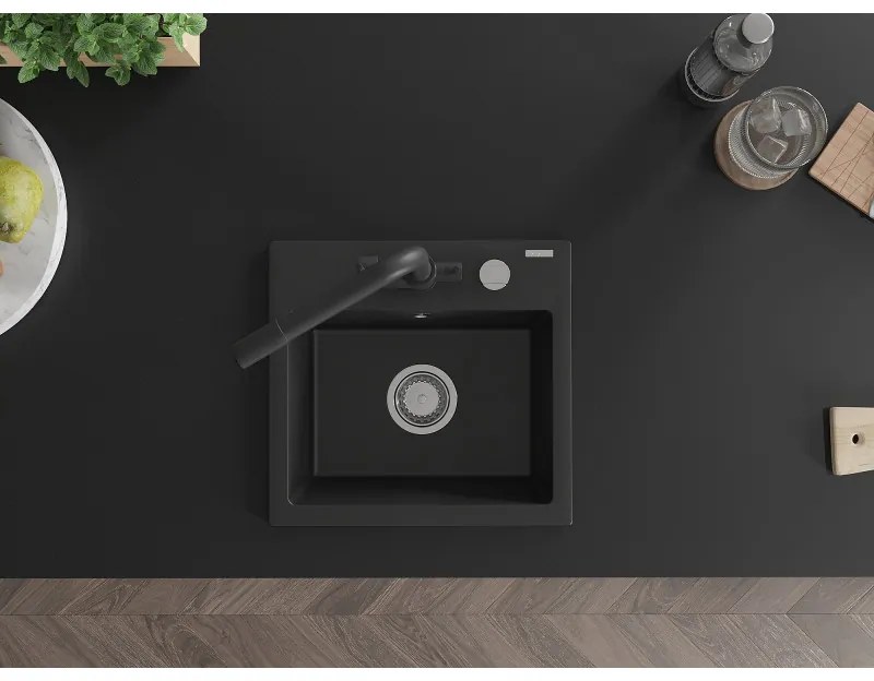 Mexen Milo, granitový drez 435x410x171 mm, 1-komorový a čierna batéria Duero, čierna, 6505-77-671600-70