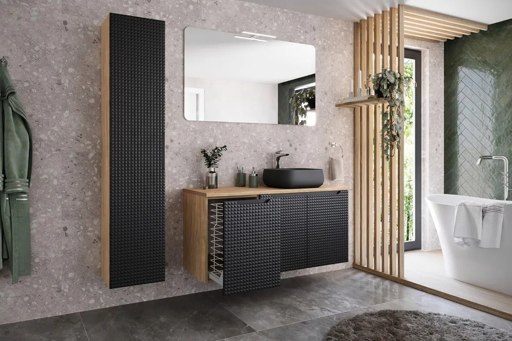 Vysoká závěsná koupelnová skříňka LUXOR BLACK 80-01-1D černá/dub olejovaný