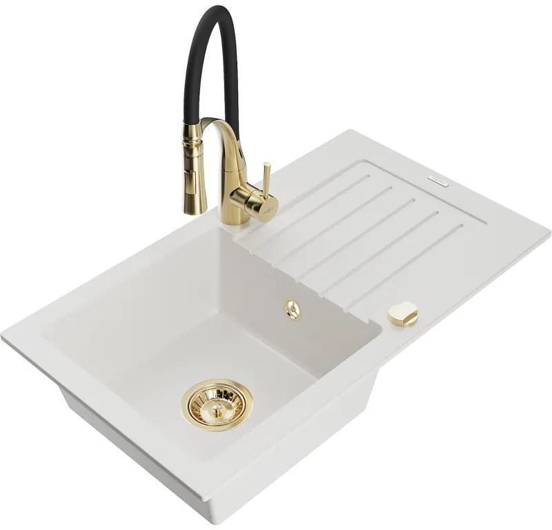 Mexen Pablo, 1-komorový granitový drez 752x436x161 mm a drezová batéria Aster, biela, 6510-20-73450-57-G