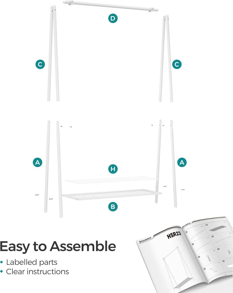 Stojan na oblečenie s oceľovým rámom, s policou, 33,5 x 92,5 x 153 cm, biely