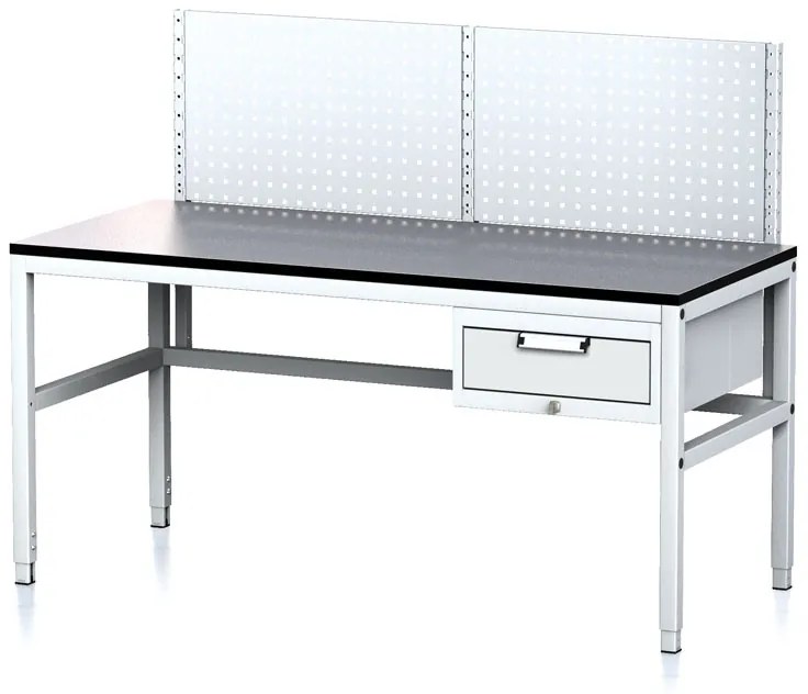 Nastaviteľný dielenský stôl MECHANIC II s perfopanelom, 1 zásuvkový box na náradie, 1600x700x745-985 mm, sivá/sivá