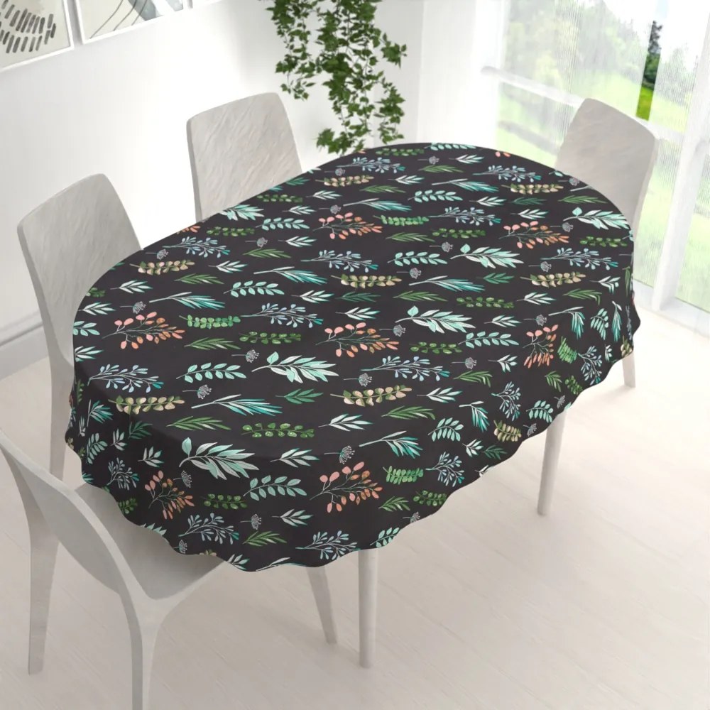 Biante Bavlnený oválny obrus Sandra SA-556 Vetvičky s lístkami na čiernom 120x200 cm