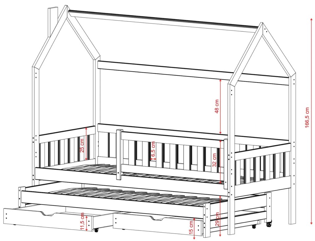 Detská domčeková posteľ s prístelkou a šuplíky MATYLDA - 200x90 cm - prírodná borovica