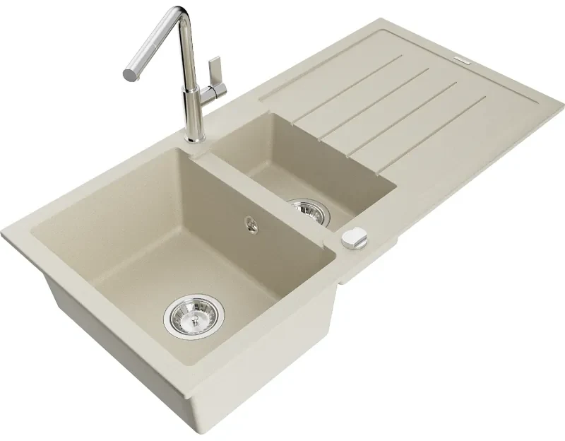 Mexen Andres, 1,5-komorový granitový drez 1000x500x200 mm a drezová batéria Flora, béžová, 6515-69-670401-00