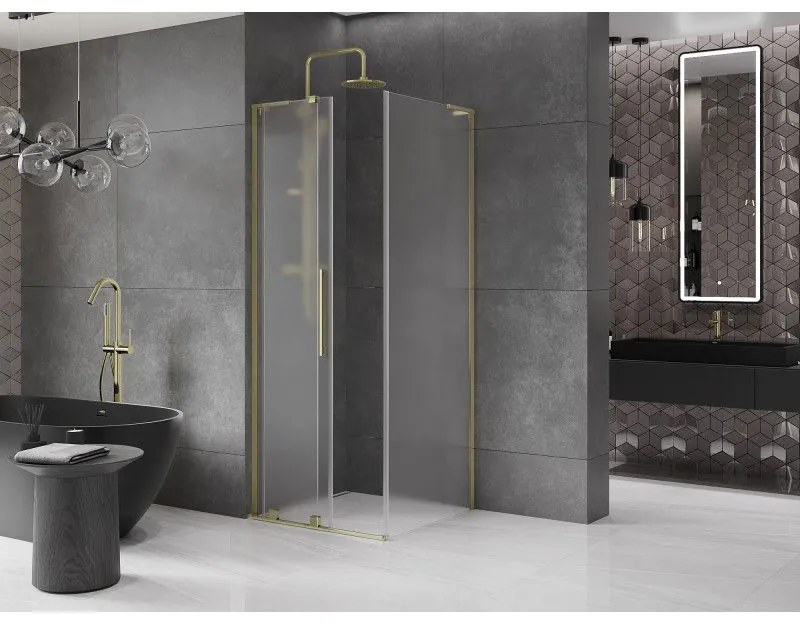 Mexen Velar L, sprchový kút s posuvnými dverami 90 x 90 cm, 8mm sklo námraza, zlatá lesklá, 871-090-090-33-50