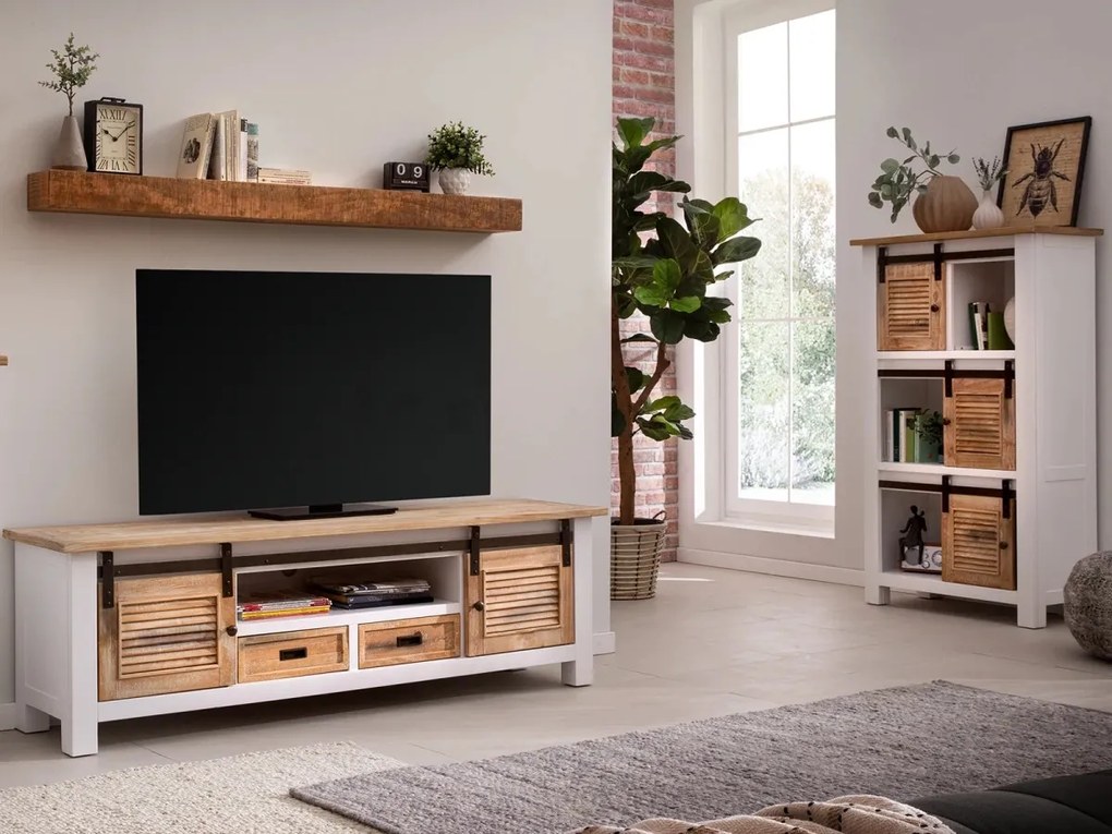 furniture-nabytek.cz - Masívny TV stolík Caprino z borovice a MDF, lakovaný, biela/hnedá