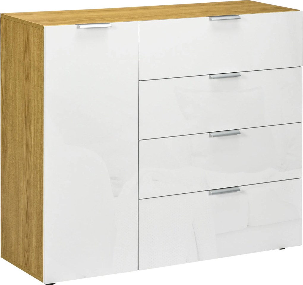 HOMCOM Nočný stolík s 4 vysoko lesklými zásuvkami a poličkami pre jedáleň 105x35x92 cm Biela a Prírodná | Aosom