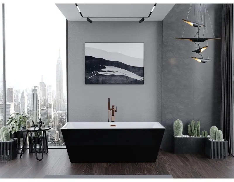 Mexen Lita, voľne stojaca vaňa 170 x 75 cm, biela-čierna, ružové zlato prepad, 52121707575-60
