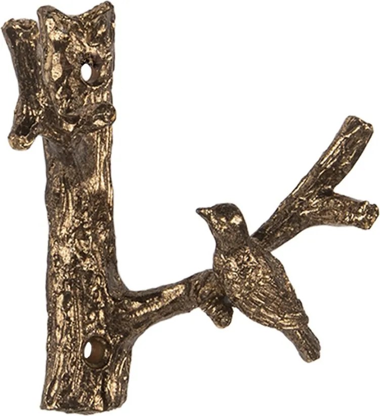 Zlatý antik nástenný kovový vešiak s vtáčikom - 9*5*9 cm