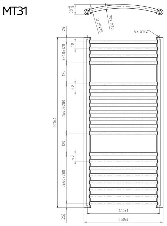 Mereo, Vykurovací rebrík 600x970 mm, oblý, biely, MER-MT41