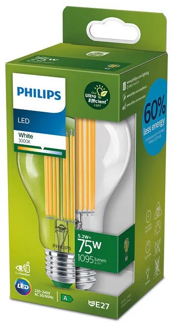 Philips 8719514435674 LED žiarovka E27 5,2W/75W 1095lm 3000K A70 filament  A-class