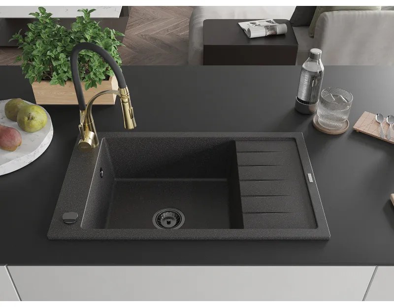 Mexen Elias, 1-komorový granitový drez 795x480x200 mm a drezová batéria Aster, čierna škvrnitá, 6511-76-73450-57-B