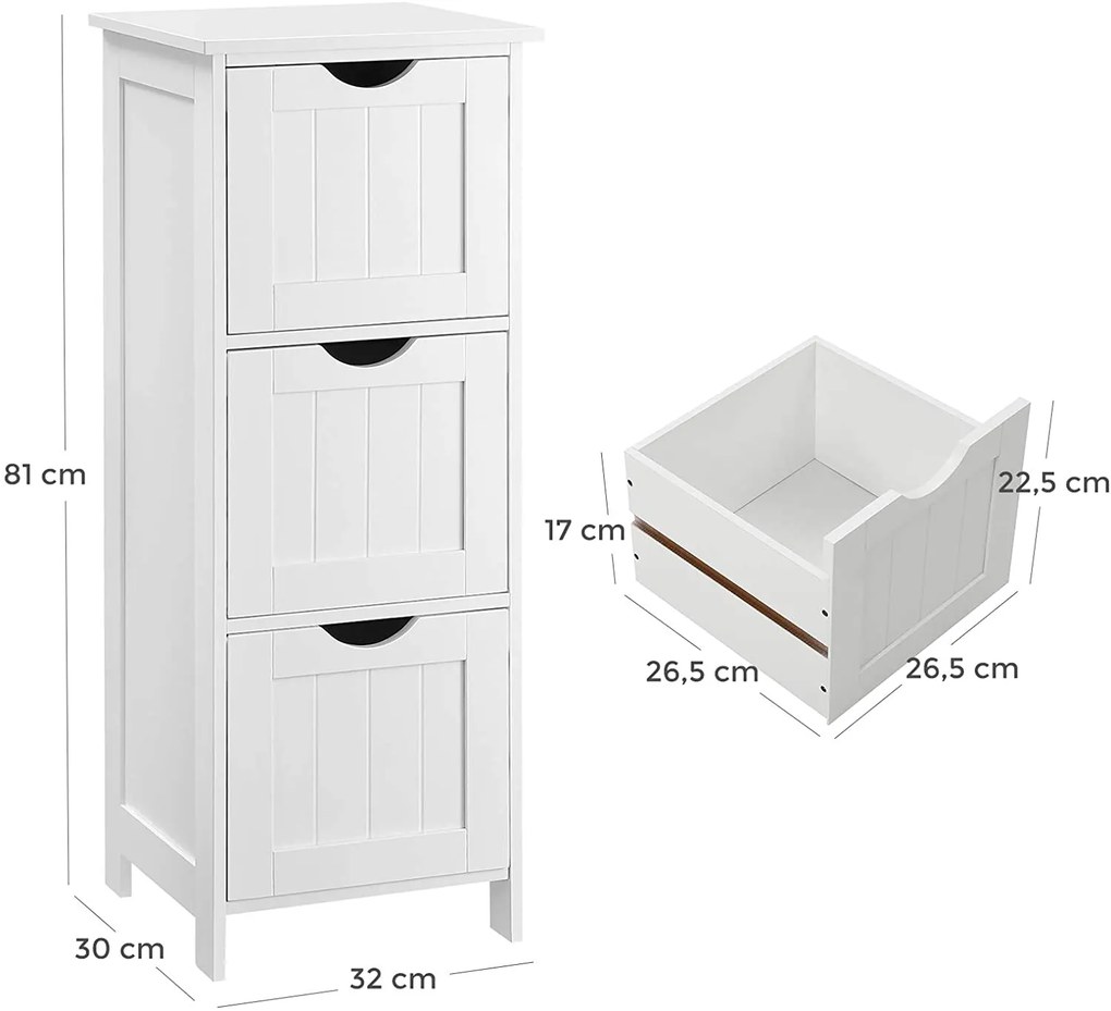 VASAGLE Kúpeľňová komoda s 3 zásuvkami biela 32 x 81 x 30 cm