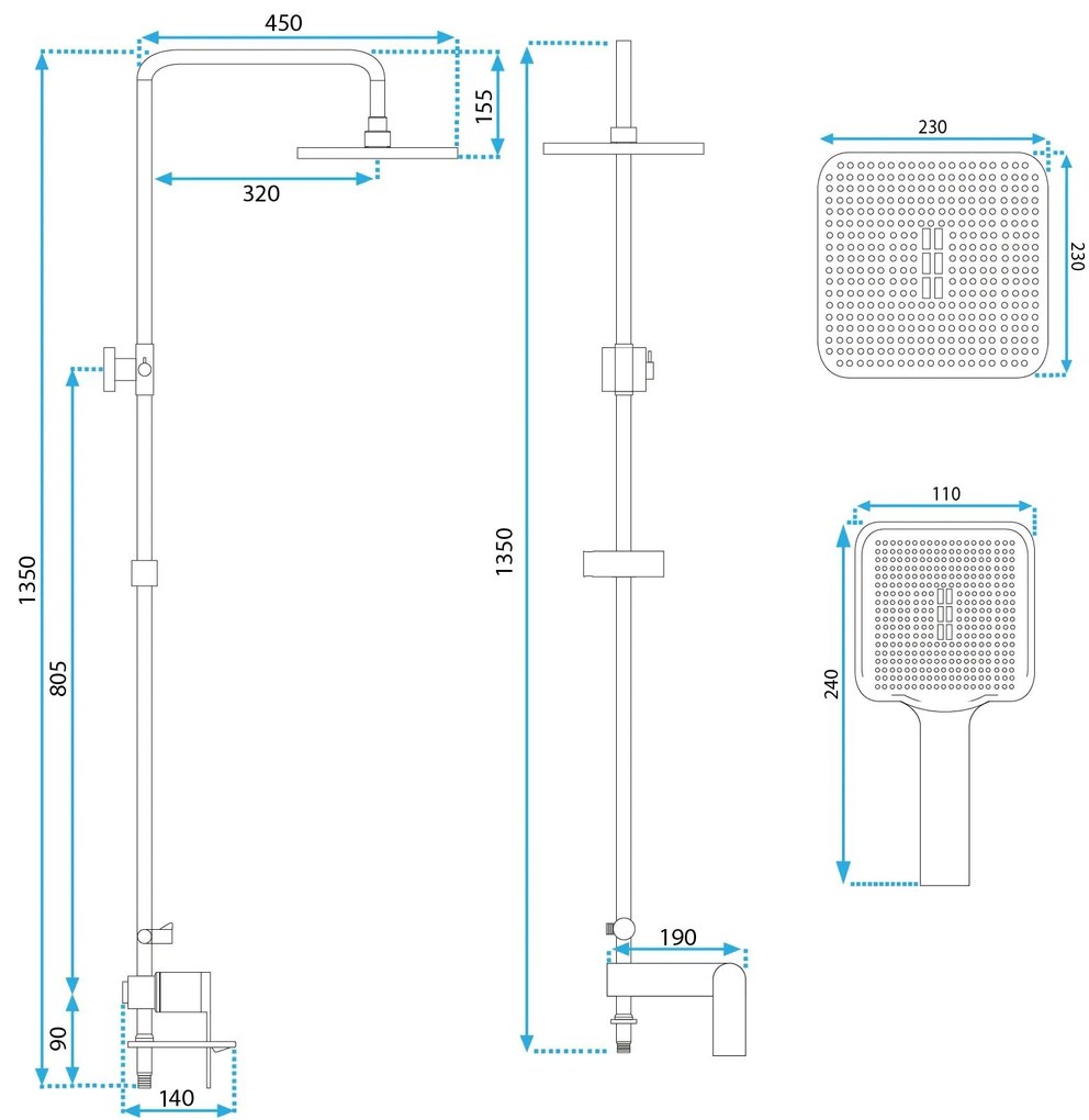 Rea Storm, vaňová/sprchová súprava s dažďovou hlavovou sprchou a ručnou sprchovou hlavicou, čierna matná, REA-P9533