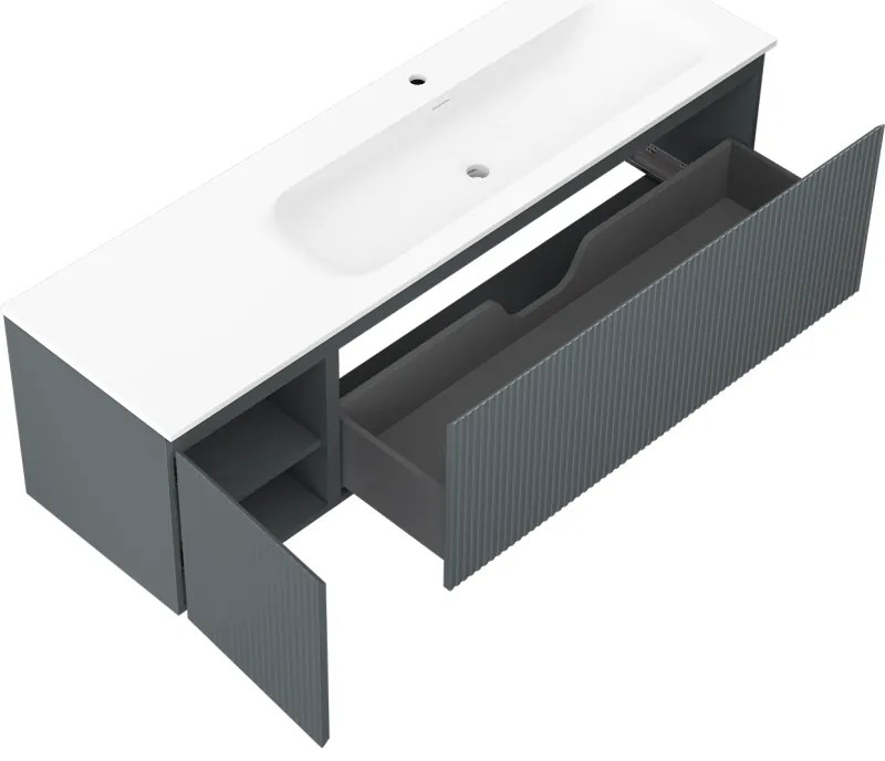 Mexen Rivel, kúpeľňová skrinka 160 cm s pravým umývadlom Vela, 1S, 1D, drážkovaná, grafitová/biela matná, 91A23-16047-3-BBFF66-W23P01