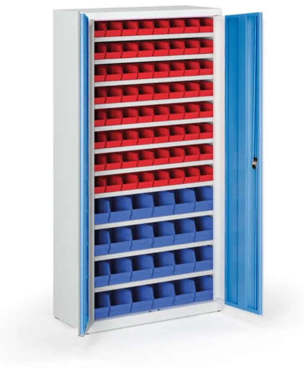 Skriňa s plastovými boxami BASIC - 1800 x 400 x 920 mm, 64xA/24xB, sivá/modré dvere