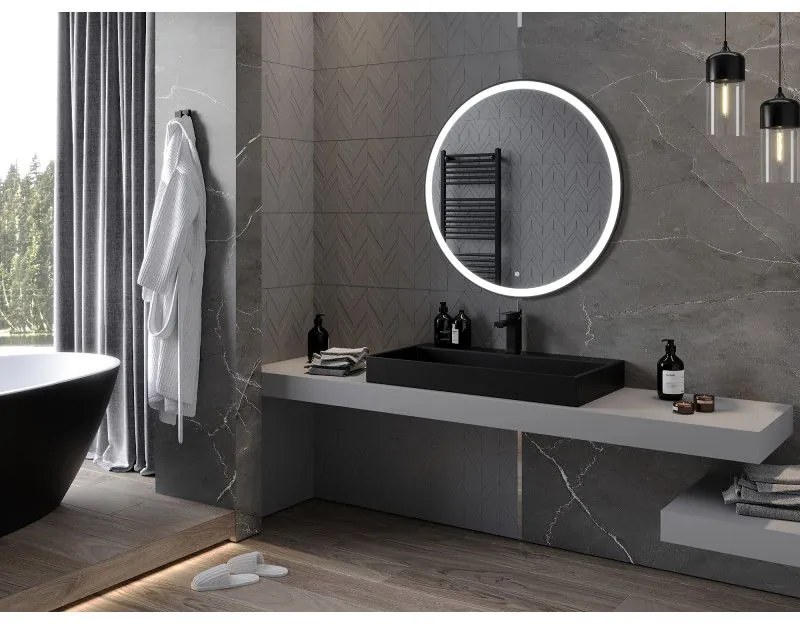 Mexen Esso, okrúhle LED podsvietené kúpeľňové zrkadlo 90 cm, 6000K, vykurovacia podložka proti zahmlievaniu, čierny rám, 9825-090-090-611-70