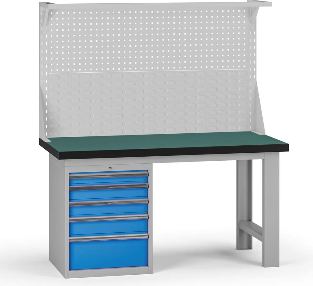 Pracovný stôl do dielne G8 s nadstavbou, 1500 x 750 x 800 mm, 1x kontejner, 5 zásuviek, modrá
