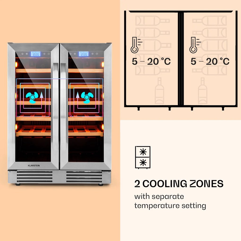 Vinovilla Duo 42, dvojzónová vinotéka, 126 l, 42 fliaš, 3 farebné LED osvetlenie, sklenené dvere