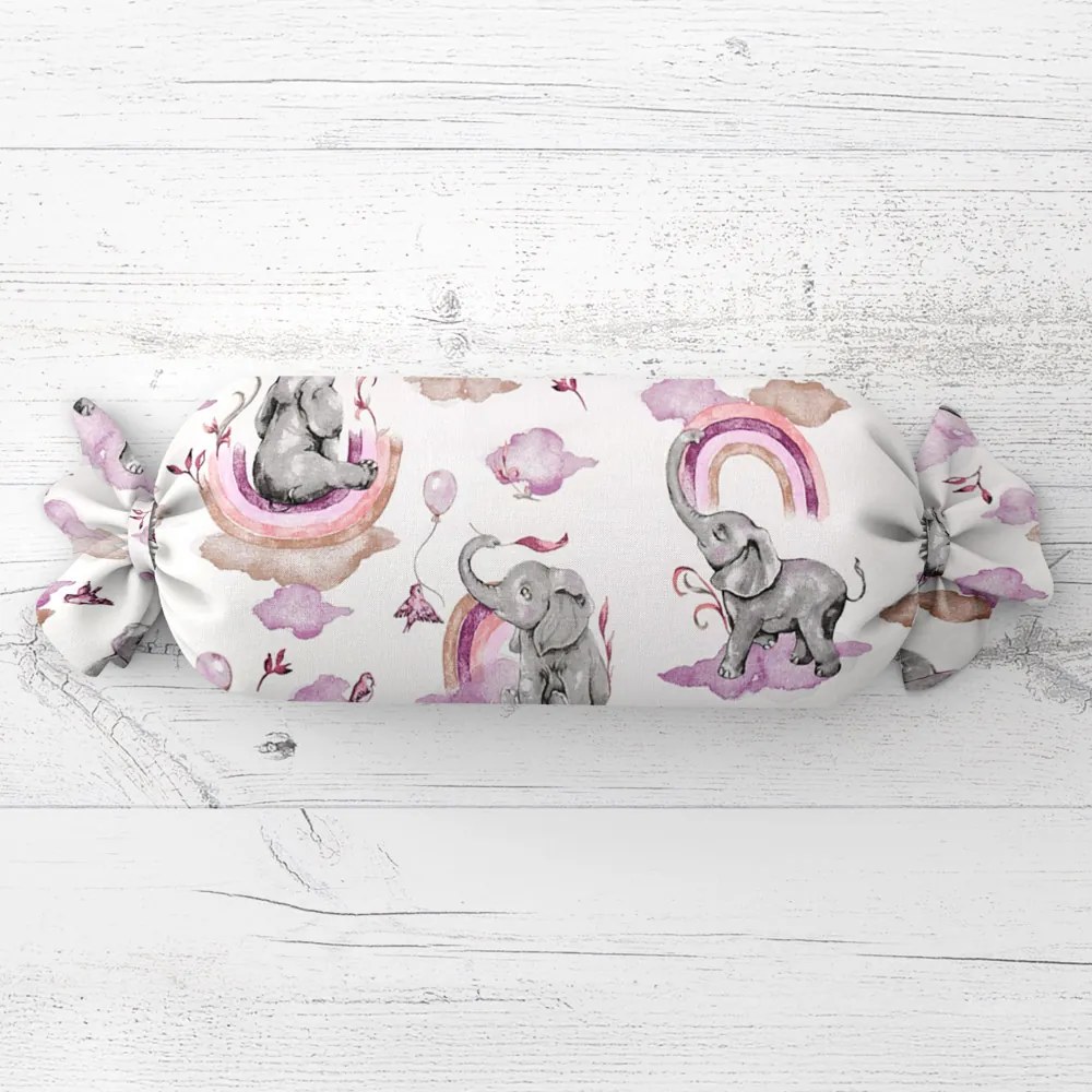 Biante Detský vankúš valec bonbon Sandra SA-464 Slony s fialovou dúhou na bielom 15x80 cm