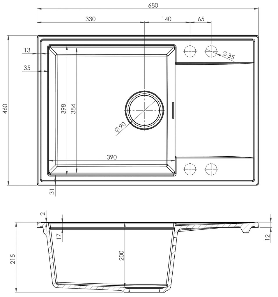 Sink Quality Sink55, kuchynský granitový drez 680x460x215 mm + chrómový sifón, šedá, SKQ-SINK.D.1KDO.X