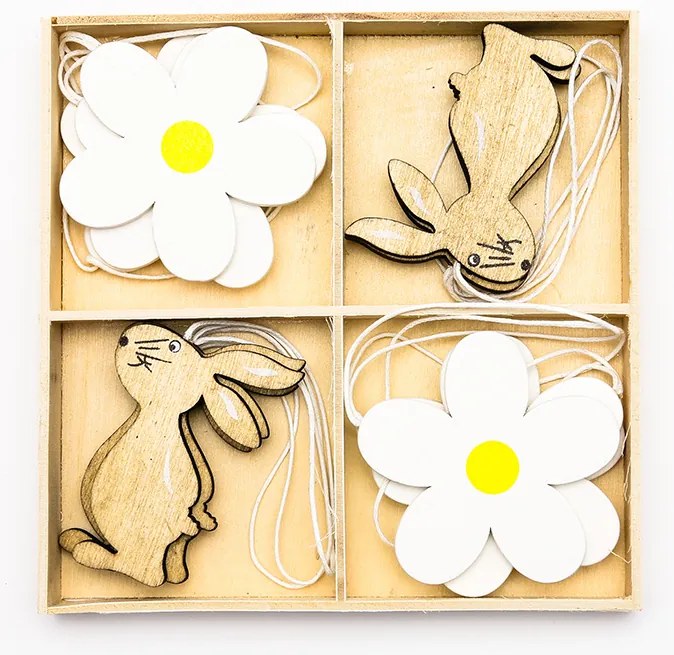 DECOLED Velikonoční dřevěná dekorace, květina a zajíc, 12ks/bal.