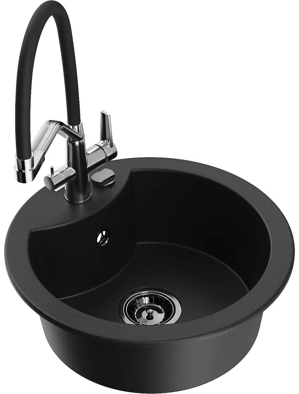 Mexen Diego, 1-komorový granitový drez 488x488x167 mm a drezová batéria Duo, čierna, 6512-77-671701-07-B