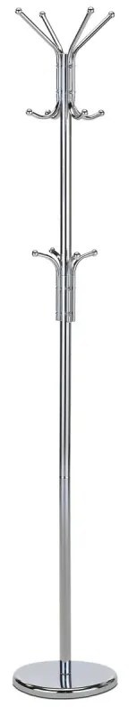 Věšák stojanový, výška 182 cm, kovová konstrukce, lesklý chrom, nosnost 10 kg