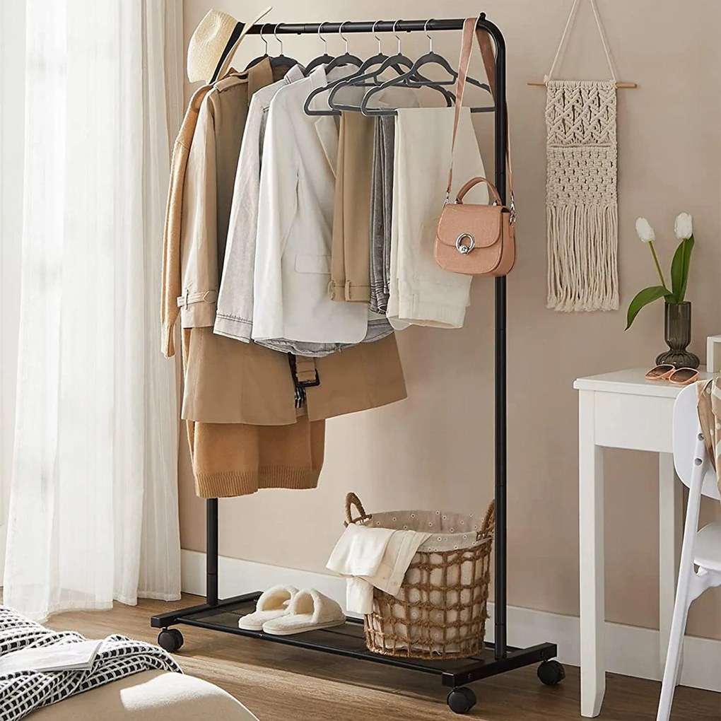 Kovový stojan na oblečenie s kolieskami, horná koľajnica do 40 kg, čierny