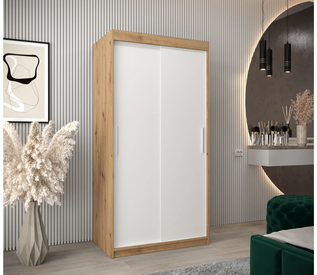 Šatníková skriňa 100 cm Toki (Dub artisan + Biela matná). Akcia -41%. Vlastná spoľahlivá doprava až k Vám domov. 1064797