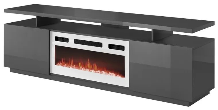 TV skrinka Aniceto s krbom, Osvetlenie: osvetlenie LED, Farby: čierny / čierny lesk, Krb: čierny