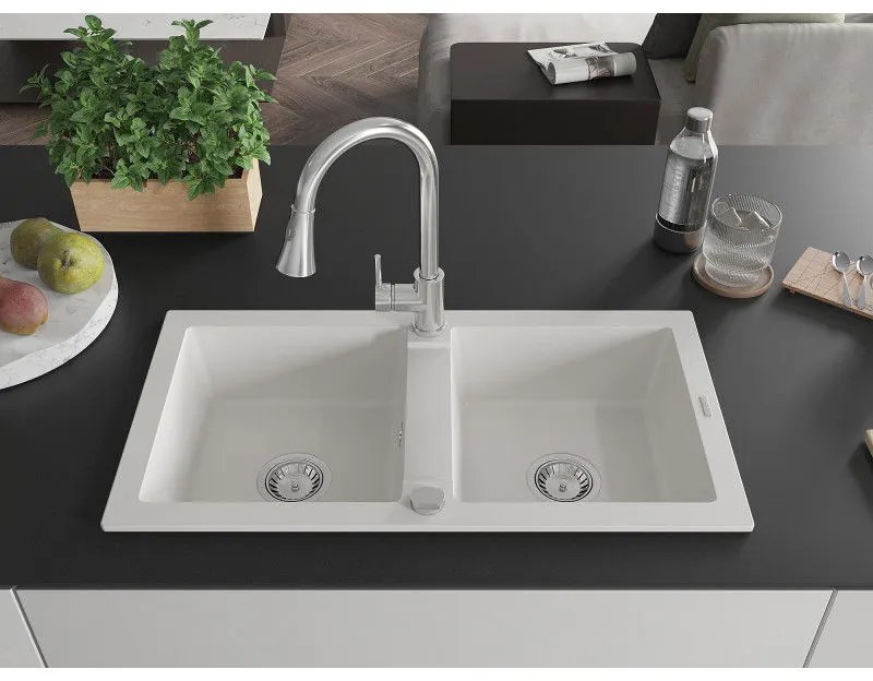 Mexen Mario, 2-komorový granitový drez 820x436x161 mm a drezová batéria Elia, biela, 6504-20-670101-00