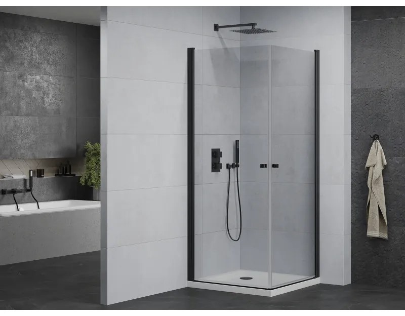 Mexen Pretoria Duo, sprchovací kút s 2-krídlovými dverami 70 (dvere) x 70 (dvere) cm, 6mm číre sklo, čierny profil + slim sprchová vanička 5cm biela s čiernym sifónom, 852-070-070-70-02-4010B