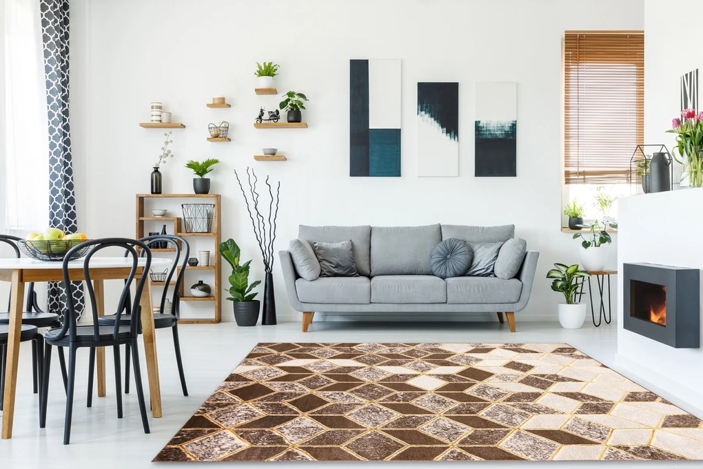 Moderný MEFE koberec B400 vzor kocka, 3D, tmavo-béžový
