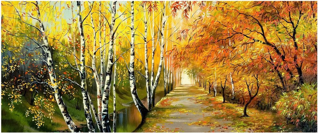 Obraz - Romantická alej pozdĺž vody, olejomaľba (120x50 cm)