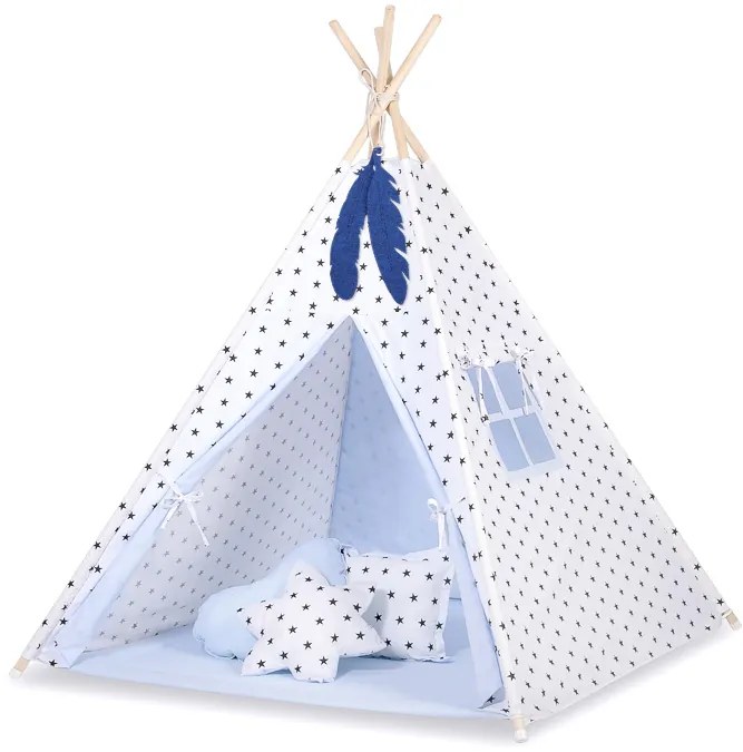 Bobono Stan Teepee pre deti + hracia podložka + vankúše + ozdobné perie - Black Stars/modrá