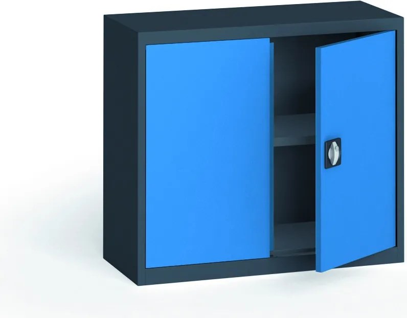 Plechová policová skriňa na náradie KOVONA, 800 x 950 x 400 mm, 1 polica, grafit/modrá