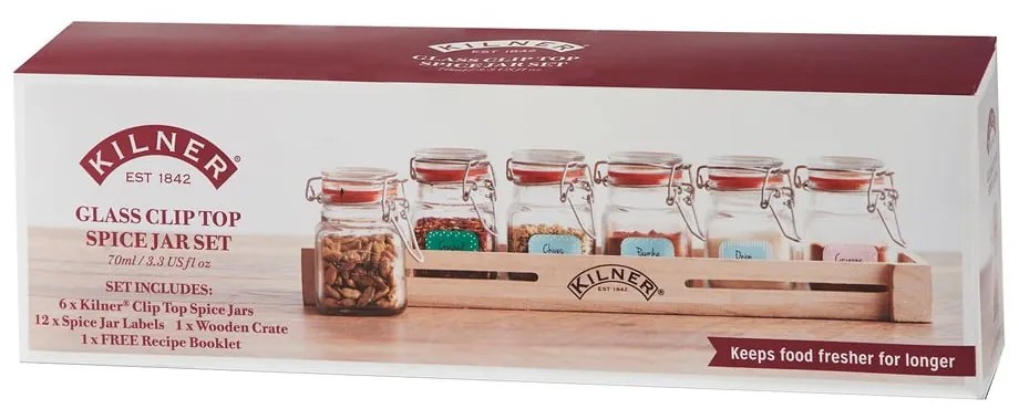 Súprava 6 koreničiek v drevenej poličke Kilner Herbs&Spices
