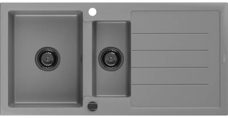 Mexen Andres, granitový drez 1000x500x200 mm, 1,5-komorový, šedá s čiernym sifónom, 6515101510-71-B