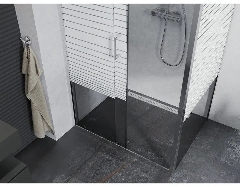 Mexen Apia, sprchový kút s posuvnými dverami 140 (dvere) x 80 (stena) cm, 6mm číre-pásy sklo, chrómový profil, 840-140-080-01-20