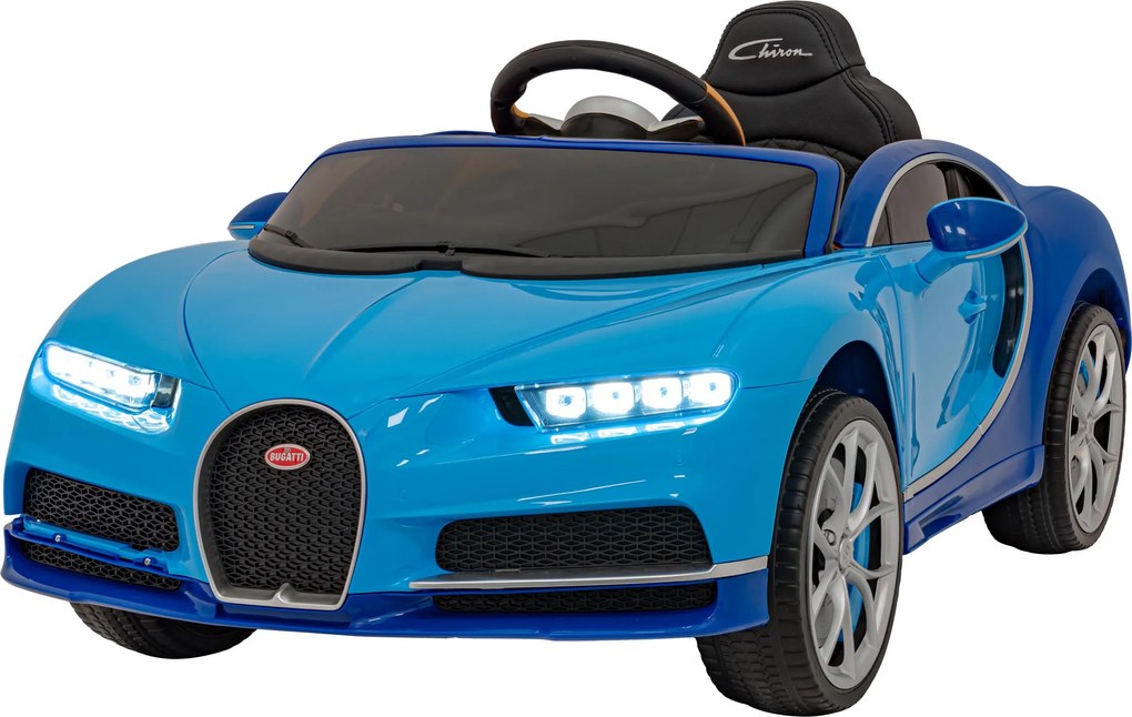 Ramiz Bugatti Chiron batérie pre deti Modrá + Diaľkové ovládanie + Nosič batožiny + EVA + Tlmiče + LED Audio