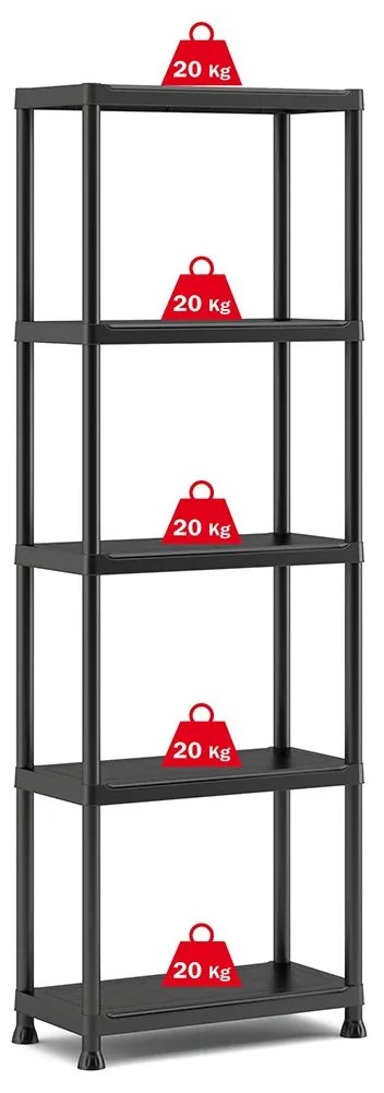 Plastový regál, 5 políc, 174x60x30 cm, čierna farba